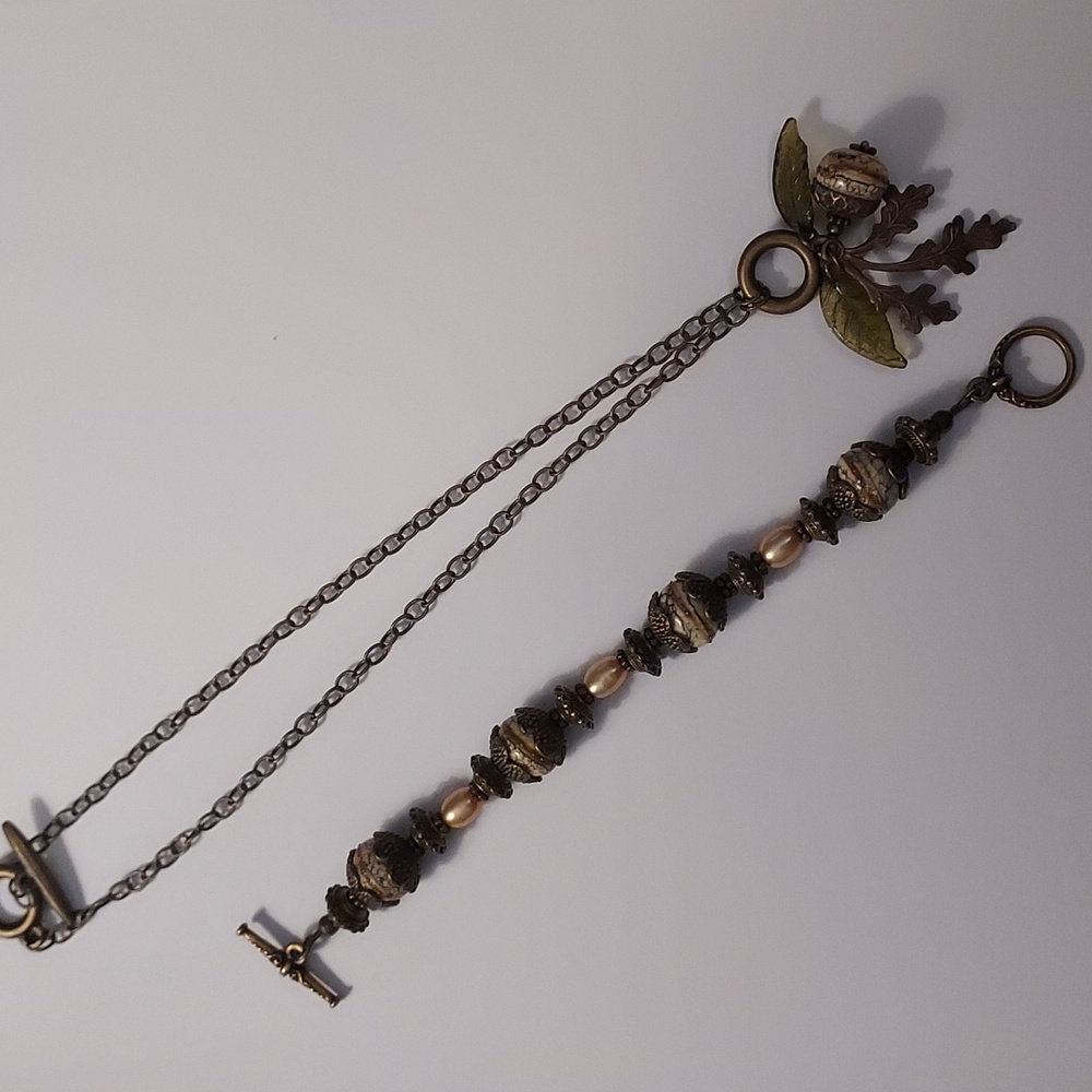 Antiqued charm boho necklace with matching bracelet bronze brown beads fall